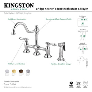 Restoration KS3798ALBS Two-Handle 4-Hole Deck Mount Bridge Kitchen Faucet with Brass Sprayer, Brushed Nickel