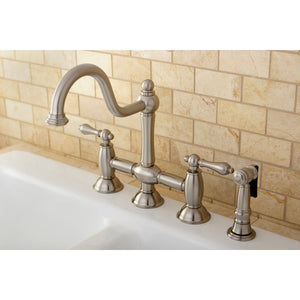 Restoration KS3798ALBS Two-Handle 4-Hole Deck Mount Bridge Kitchen Faucet with Brass Sprayer, Brushed Nickel
