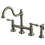 Restoration KS3798ALBS Two-Handle 4-Hole Deck Mount Bridge Kitchen Faucet with Brass Sprayer, Brushed Nickel