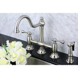 Restoration KS3798BLBS Two-Handle 4-Hole Deck Mount Bridge Kitchen Faucet with Brass Sprayer, Brushed Nickel