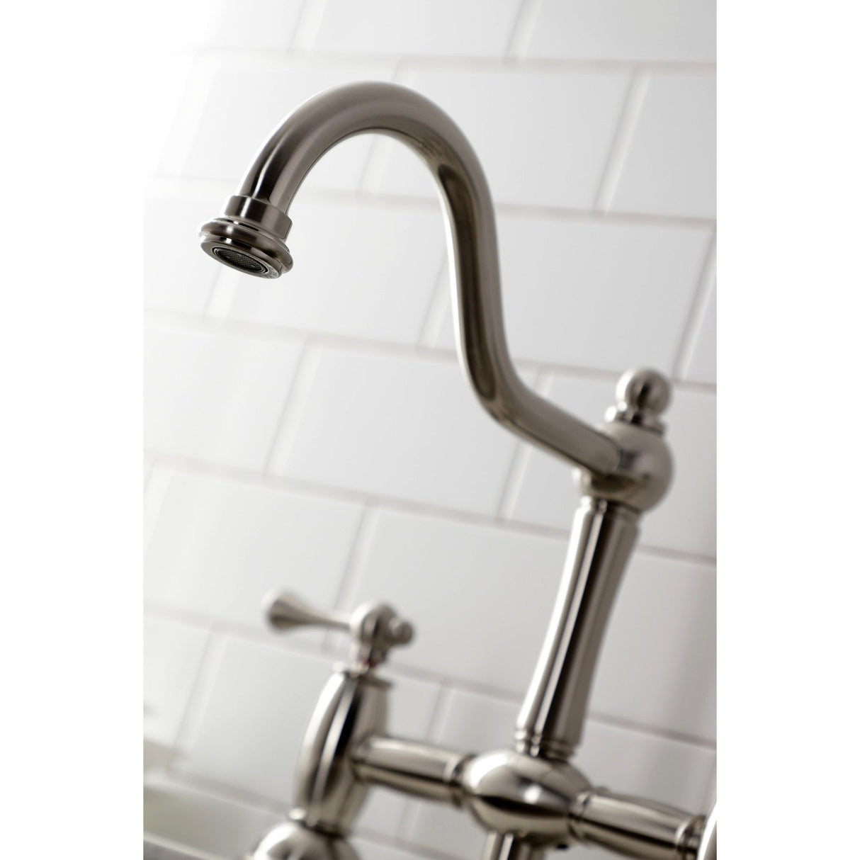 Restoration KS3798BLBS Two-Handle 4-Hole Deck Mount Bridge Kitchen Faucet with Brass Sprayer, Brushed Nickel