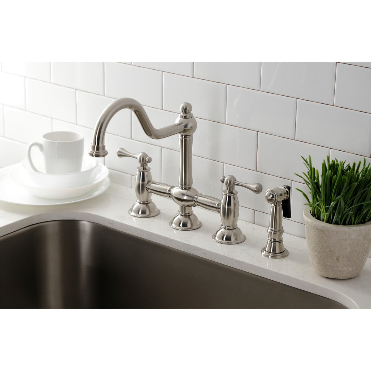 Restoration KS3798BLBS Two-Handle 4-Hole Deck Mount Bridge Kitchen Faucet with Brass Sprayer, Brushed Nickel