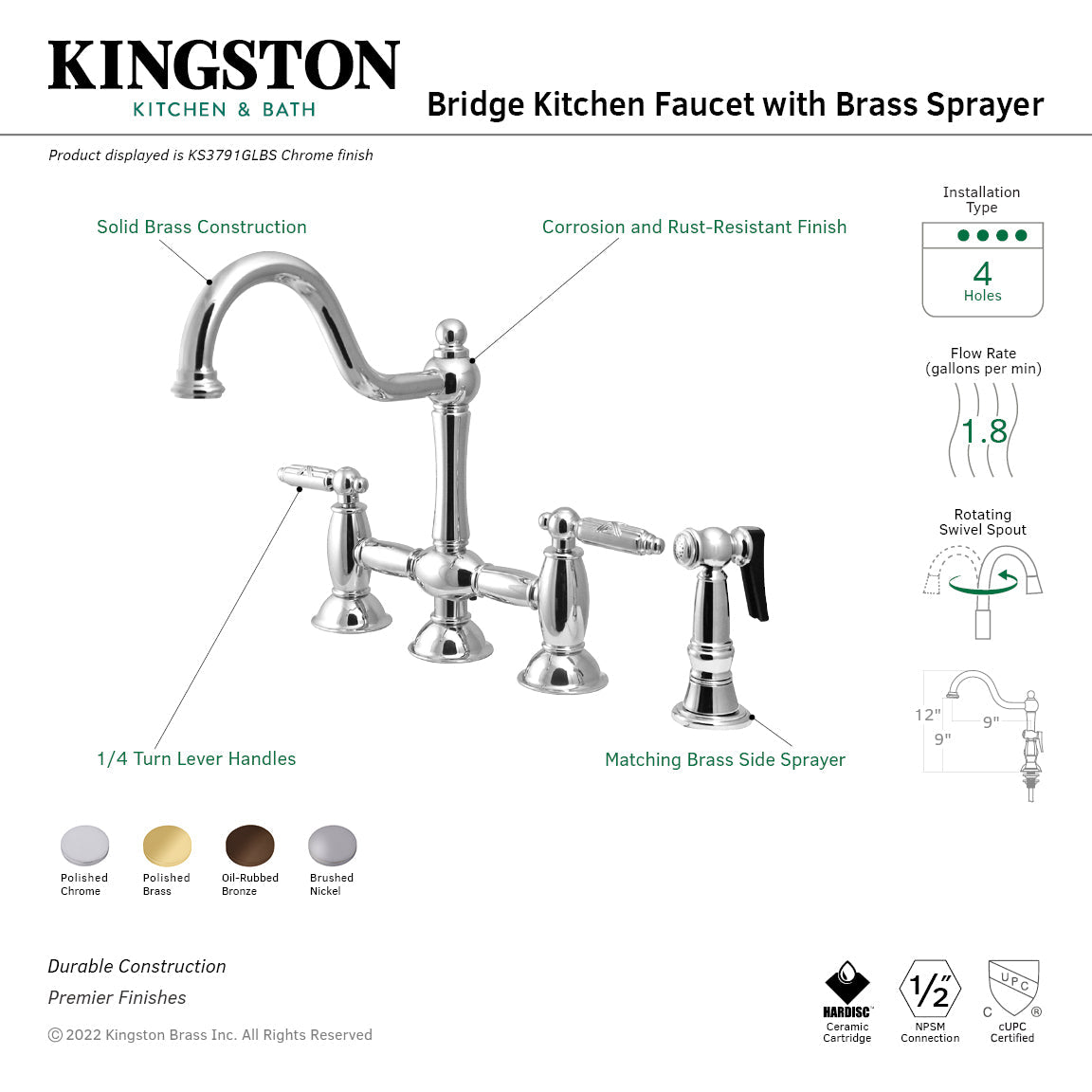 Restoration KS3798GLBS Two-Handle 4-Hole Deck Mount Bridge Kitchen Faucet with Brass Sprayer, Brushed Nickel