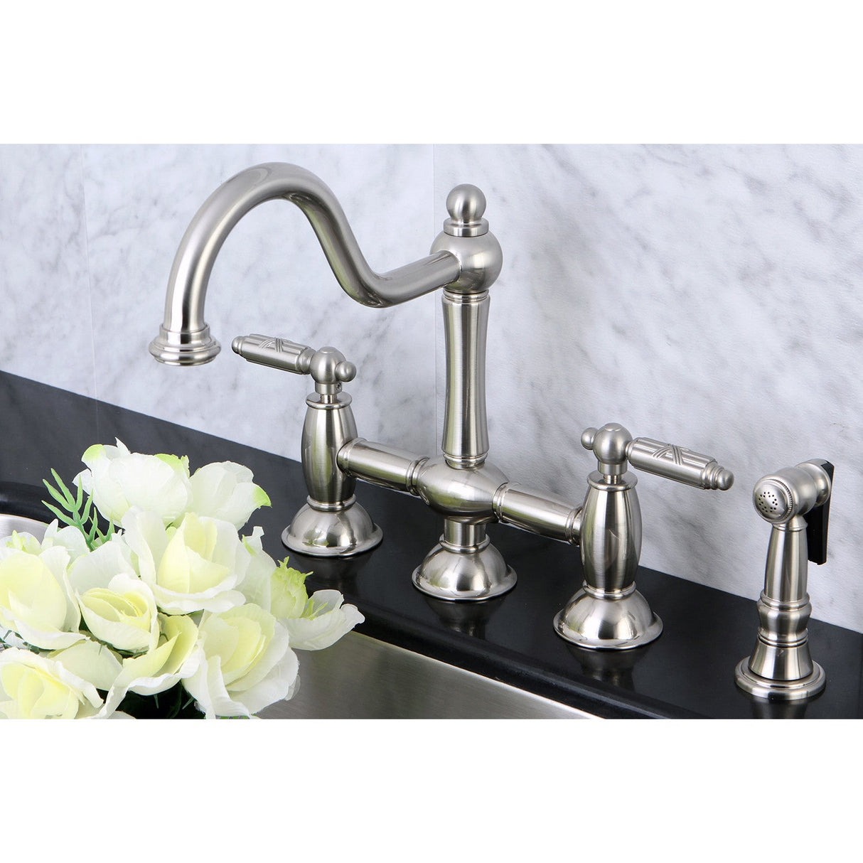 Restoration KS3798GLBS Two-Handle 4-Hole Deck Mount Bridge Kitchen Faucet with Brass Sprayer, Brushed Nickel