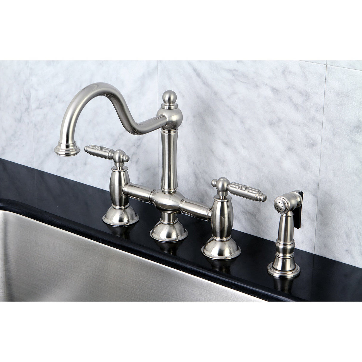 Restoration KS3798GLBS Two-Handle 4-Hole Deck Mount Bridge Kitchen Faucet with Brass Sprayer, Brushed Nickel