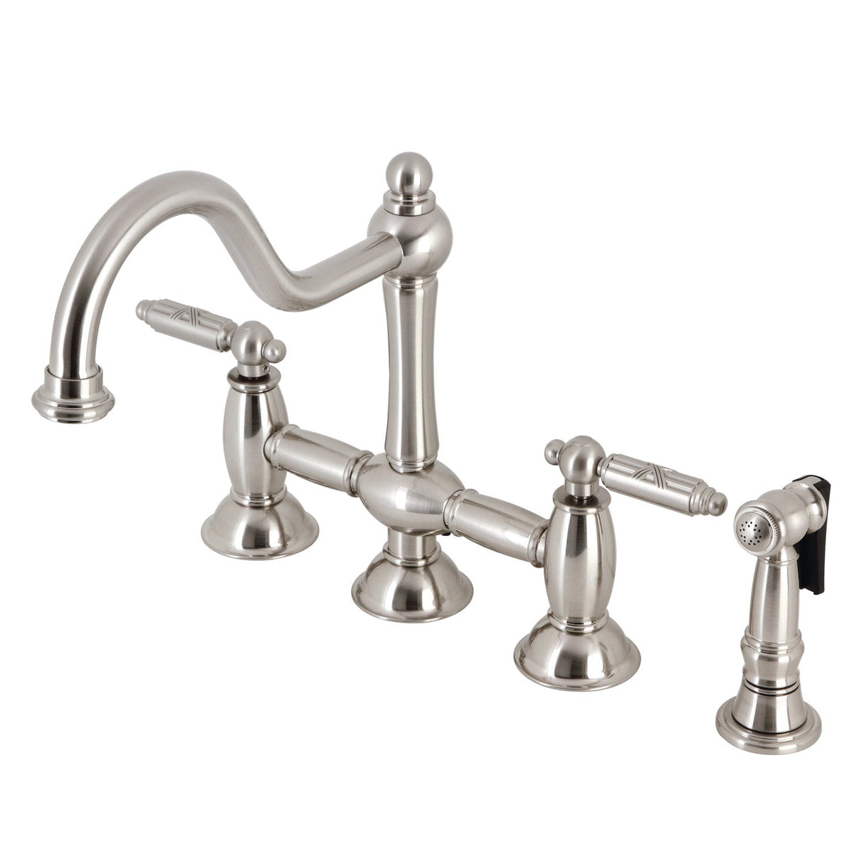 Restoration KS3798GLBS Two-Handle 4-Hole Deck Mount Bridge Kitchen Faucet with Brass Sprayer, Brushed Nickel
