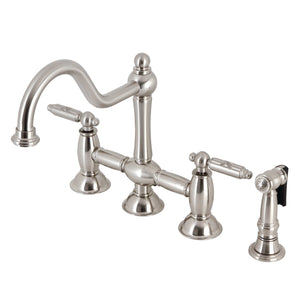 Restoration KS3798GLBS Two-Handle 4-Hole Deck Mount Bridge Kitchen Faucet with Brass Sprayer, Brushed Nickel