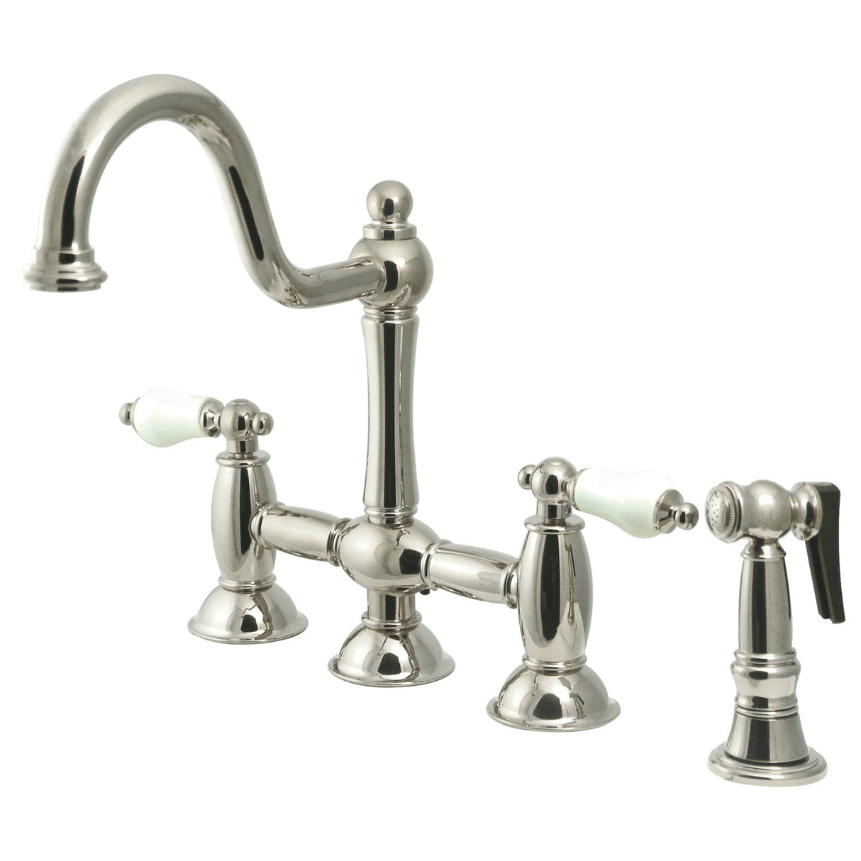 Restoration KS3798PLBS Two-Handle 4-Hole Deck Mount Bridge Kitchen Faucet with Brass Sprayer, Brushed Nickel