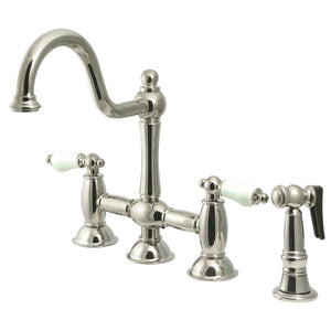 Restoration KS3798PLBS Two-Handle 4-Hole Deck Mount Bridge Kitchen Faucet with Brass Sprayer, Brushed Nickel