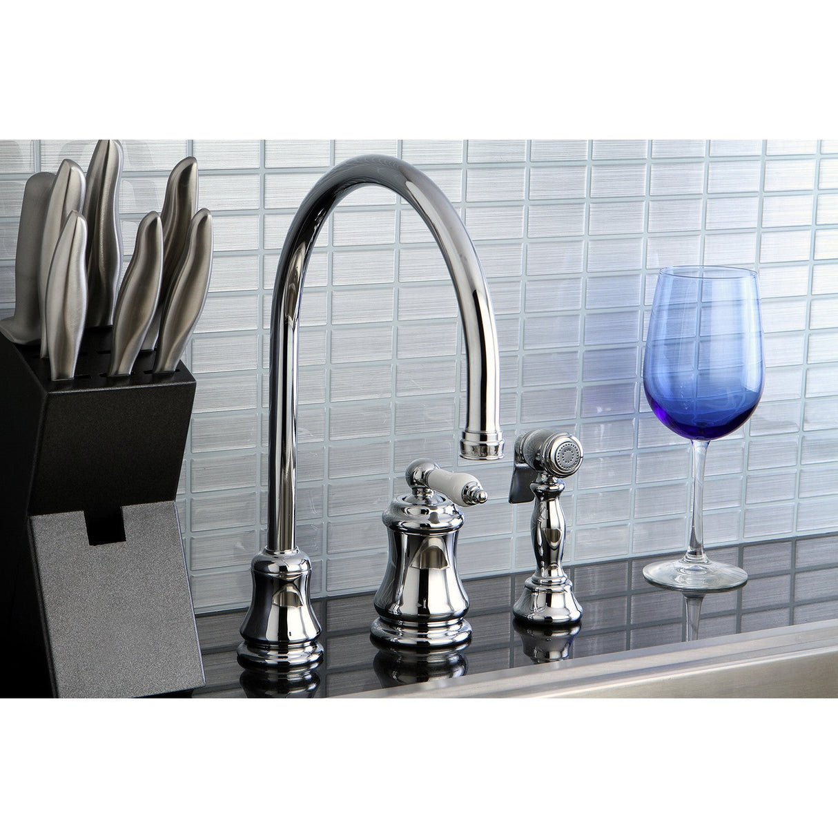 Restoration KS3811PLBS Single-Handle 3-Hole Deck Mount Widespread Kitchen Faucet with Brass Sprayer, Polished Chrome