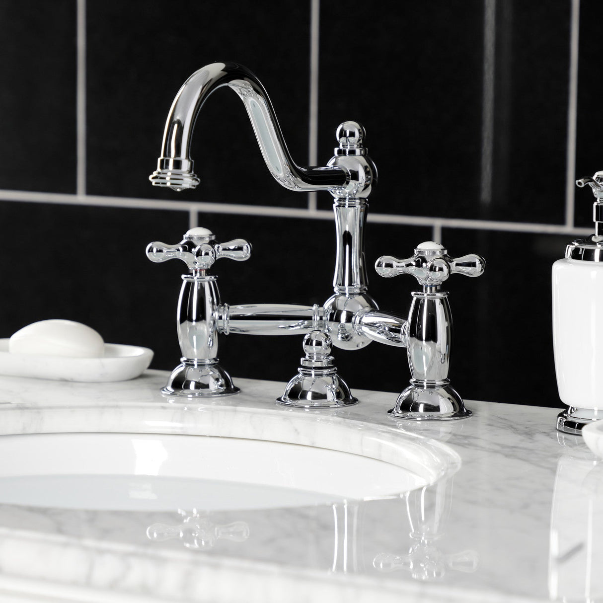 Restoration KS3911AX Two-Handle 3-Hole Deck Mount Bridge Bathroom Faucet with Brass Pop-Up, Polished Chrome