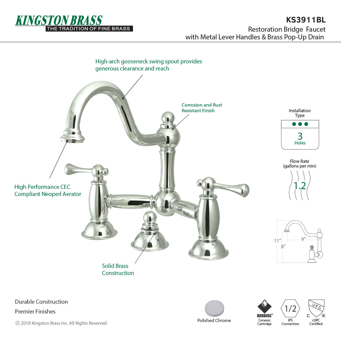 Restoration KS3911BL Two-Handle 3-Hole Deck Mount Bridge Bathroom Faucet with Brass Pop-Up, Polished Chrome