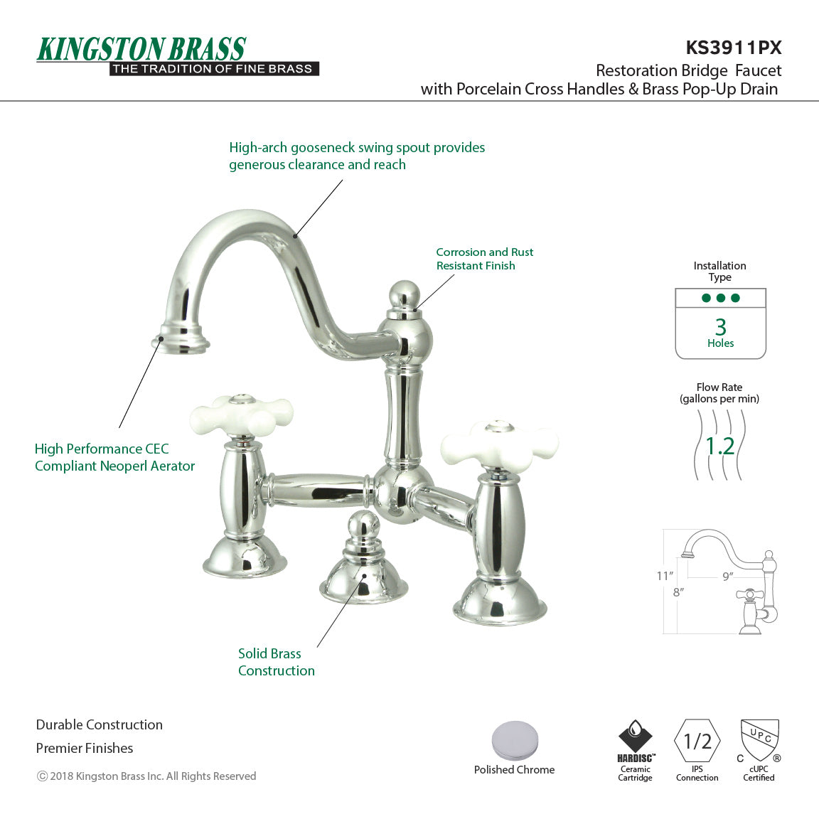 Restoration KS3911PX Two-Handle 3-Hole Deck Mount Bridge Bathroom Faucet with Brass Pop-Up, Polished Chrome