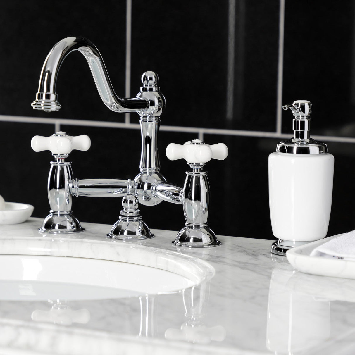 Restoration KS3911PX Two-Handle 3-Hole Deck Mount Bridge Bathroom Faucet with Brass Pop-Up, Polished Chrome