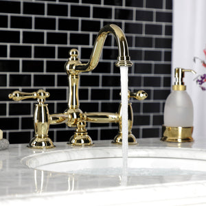 Restoration KS3912AL Two-Handle 3-Hole Deck Mount Bridge Bathroom Faucet with Brass Pop-Up, Polished Brass