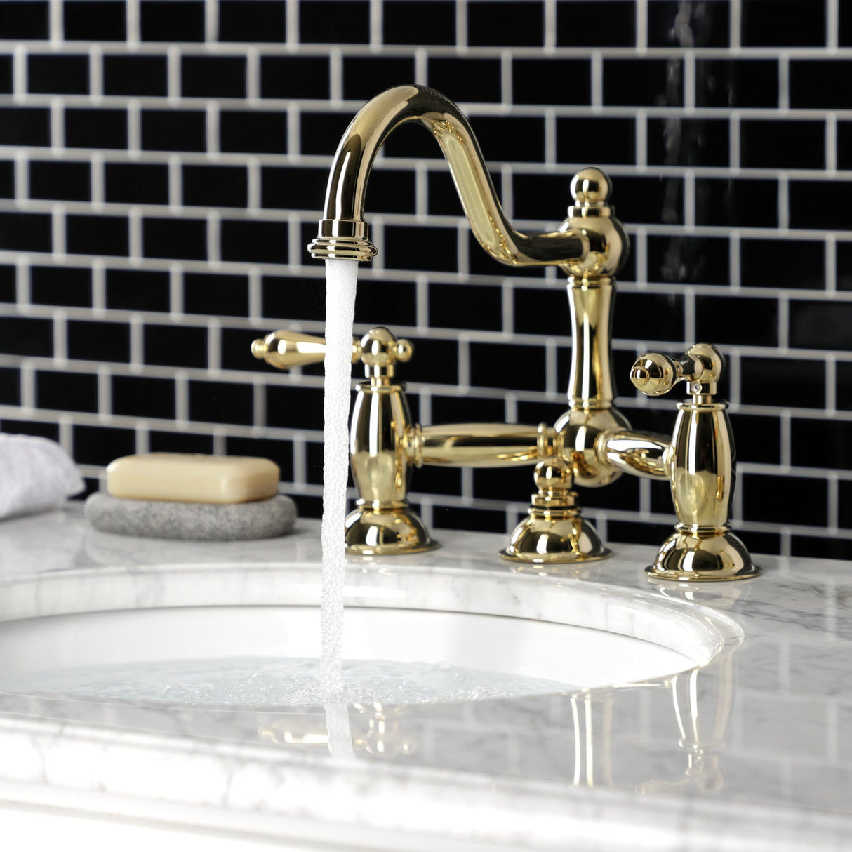 Restoration KS3912AL Two-Handle 3-Hole Deck Mount Bridge Bathroom Faucet with Brass Pop-Up, Polished Brass