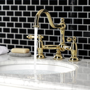 Restoration KS3912AL Two-Handle 3-Hole Deck Mount Bridge Bathroom Faucet with Brass Pop-Up, Polished Brass
