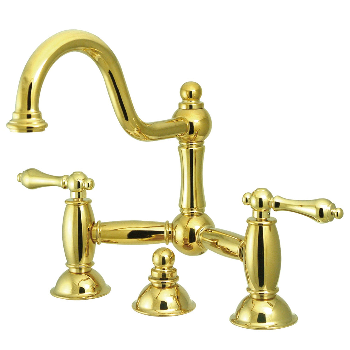 Restoration KS3912AL Two-Handle 3-Hole Deck Mount Bridge Bathroom Faucet with Brass Pop-Up, Polished Brass