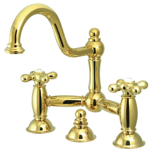 Restoration KS3912AX Two-Handle 3-Hole Deck Mount Bridge Bathroom Faucet with Brass Pop-Up, Polished Brass