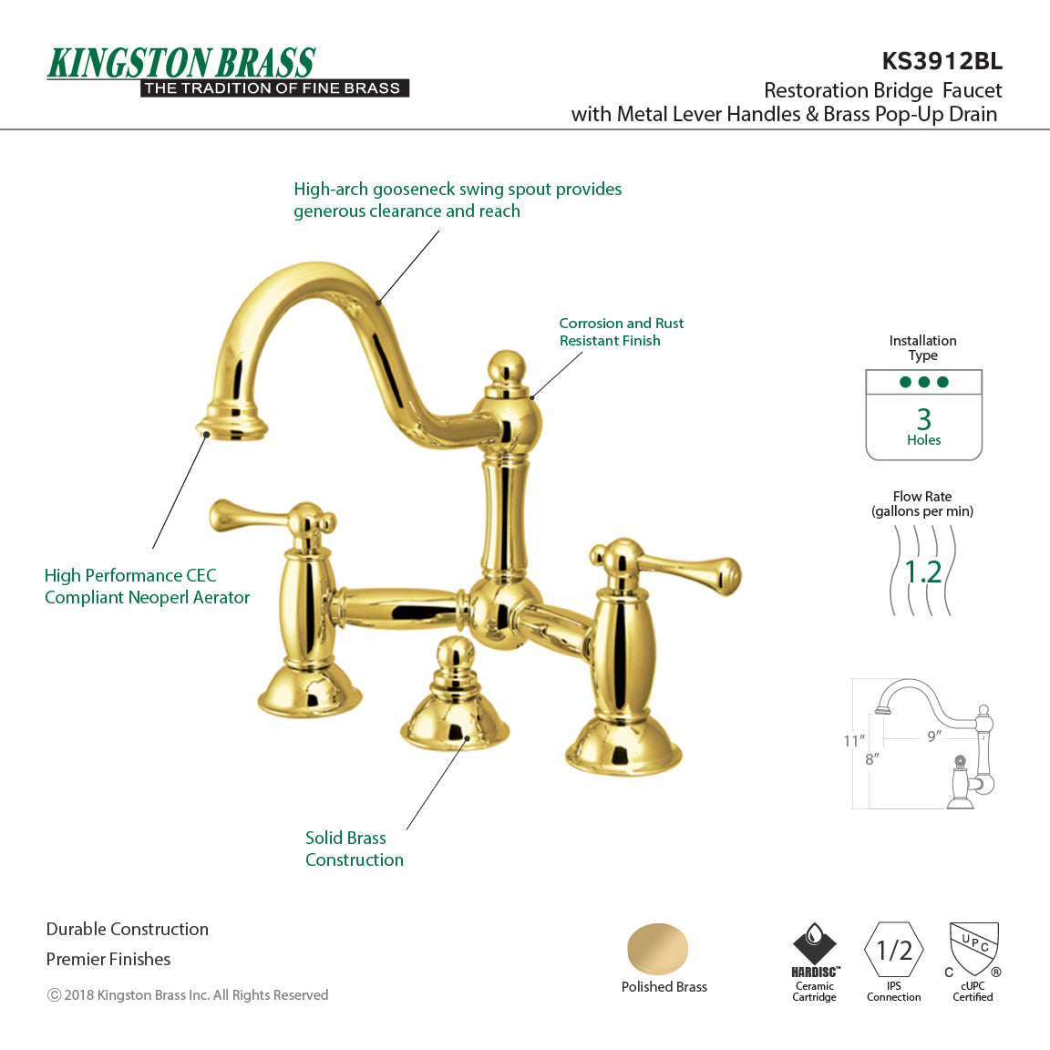 Restoration KS3912BL Two-Handle 3-Hole Deck Mount Bridge Bathroom Faucet with Brass Pop-Up, Polished Brass