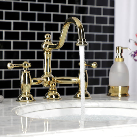 Restoration KS3912BL Two-Handle 3-Hole Deck Mount Bridge Bathroom Faucet with Brass Pop-Up, Polished Brass