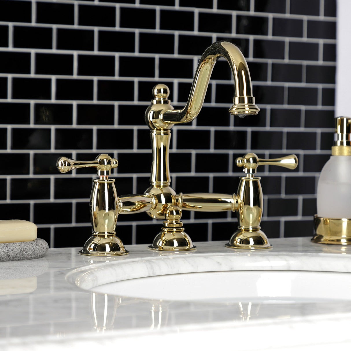 Restoration KS3912BL Two-Handle 3-Hole Deck Mount Bridge Bathroom Faucet with Brass Pop-Up, Polished Brass