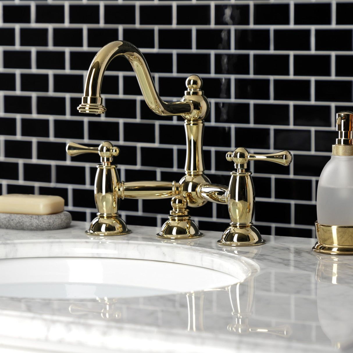 Restoration KS3912BL Two-Handle 3-Hole Deck Mount Bridge Bathroom Faucet with Brass Pop-Up, Polished Brass