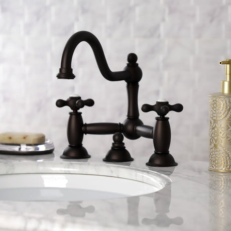 Restoration KS3915AX Two-Handle 3-Hole Deck Mount Bridge Bathroom Faucet with Brass Pop-Up, Oil Rubbed Bronze