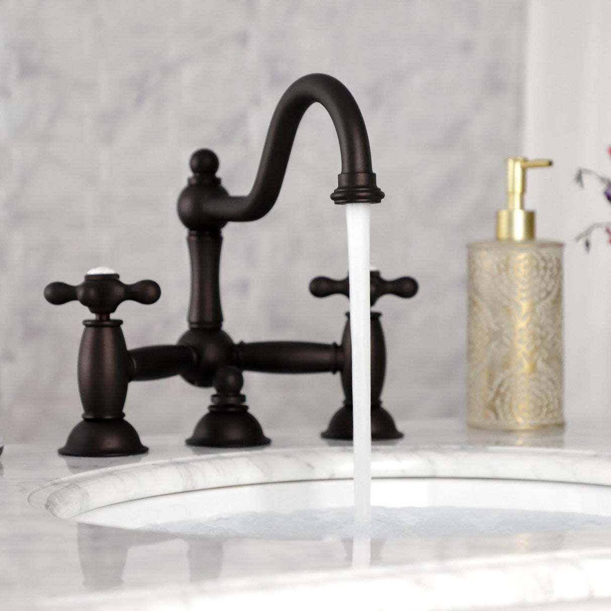 Restoration KS3915AX Two-Handle 3-Hole Deck Mount Bridge Bathroom Faucet with Brass Pop-Up, Oil Rubbed Bronze