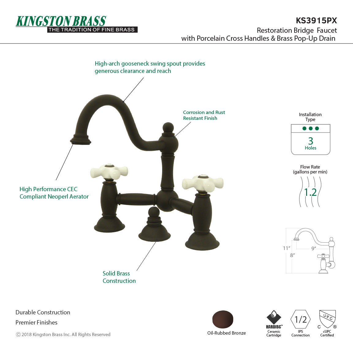 Restoration KS3915PX Two-Handle 3-Hole Deck Mount Bridge Bathroom Faucet with Brass Pop-Up, Oil Rubbed Bronze