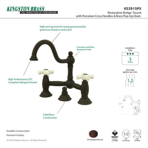 Restoration KS3915PX Two-Handle 3-Hole Deck Mount Bridge Bathroom Faucet with Brass Pop-Up, Oil Rubbed Bronze