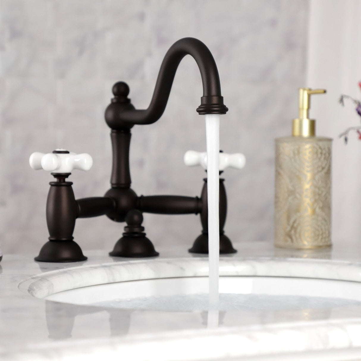 Restoration KS3915PX Two-Handle 3-Hole Deck Mount Bridge Bathroom Faucet with Brass Pop-Up, Oil Rubbed Bronze