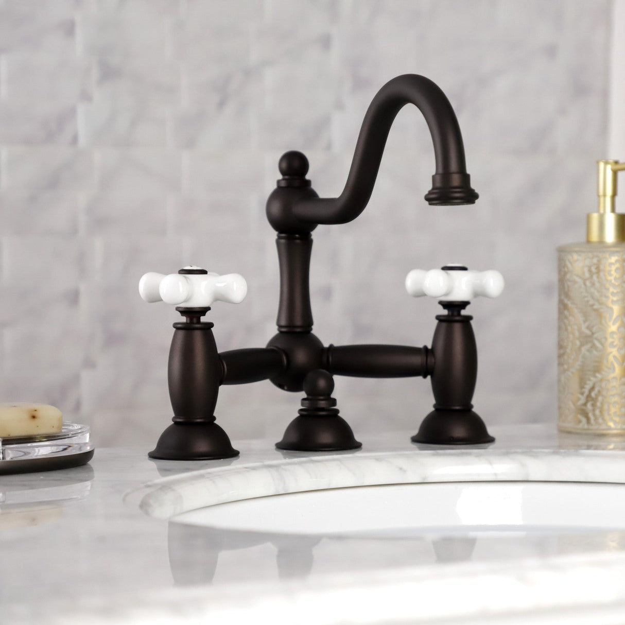 Restoration KS3915PX Two-Handle 3-Hole Deck Mount Bridge Bathroom Faucet with Brass Pop-Up, Oil Rubbed Bronze