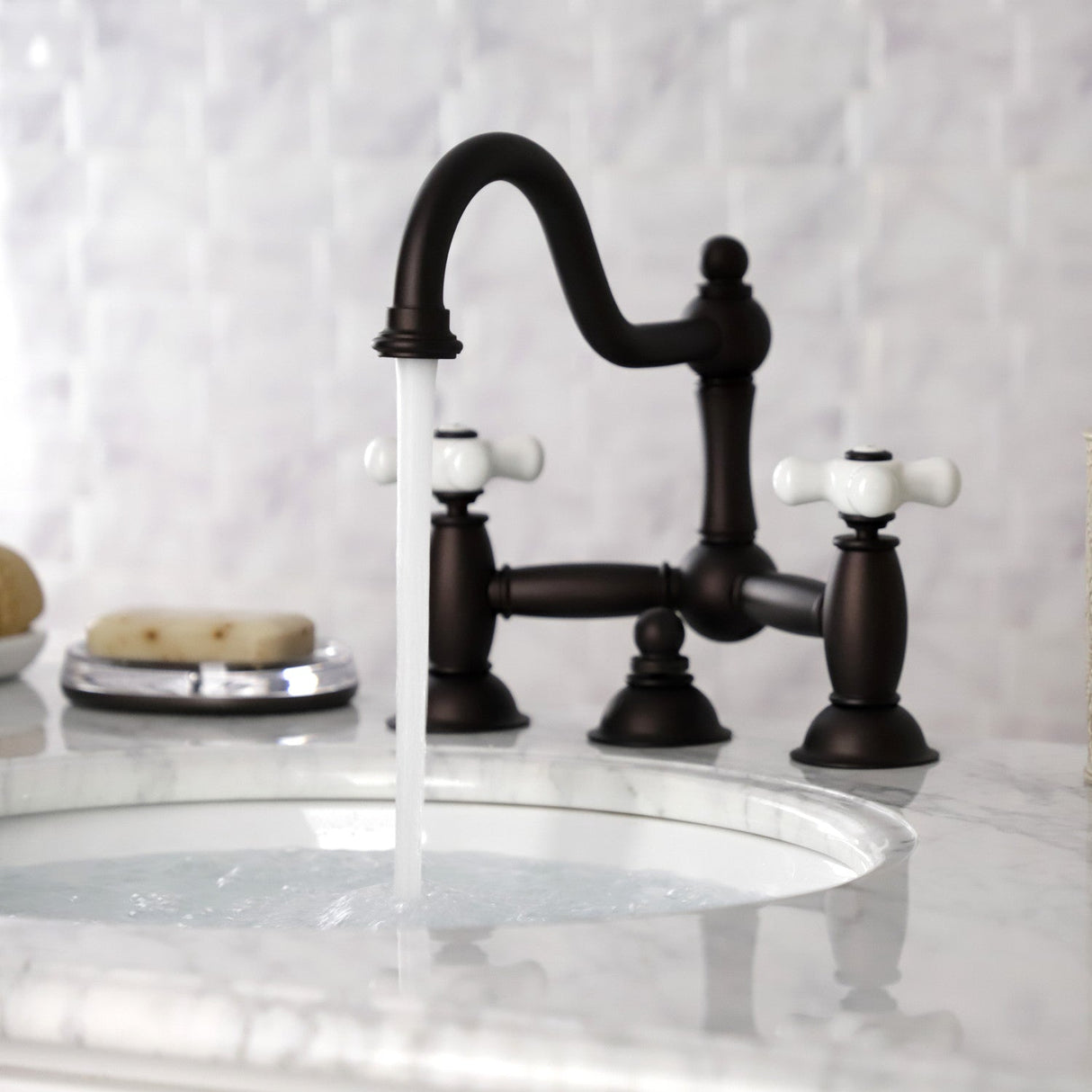 Restoration KS3915PX Two-Handle 3-Hole Deck Mount Bridge Bathroom Faucet with Brass Pop-Up, Oil Rubbed Bronze