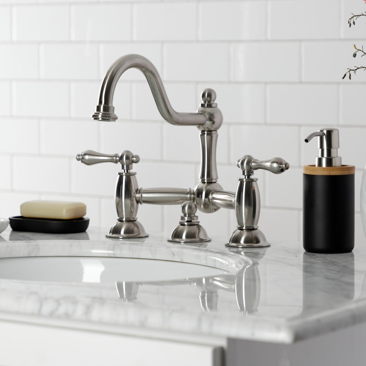 Restoration KS3918AL Two-Handle 3-Hole Deck Mount Bridge Bathroom Faucet with Brass Pop-Up, Brushed Nickel