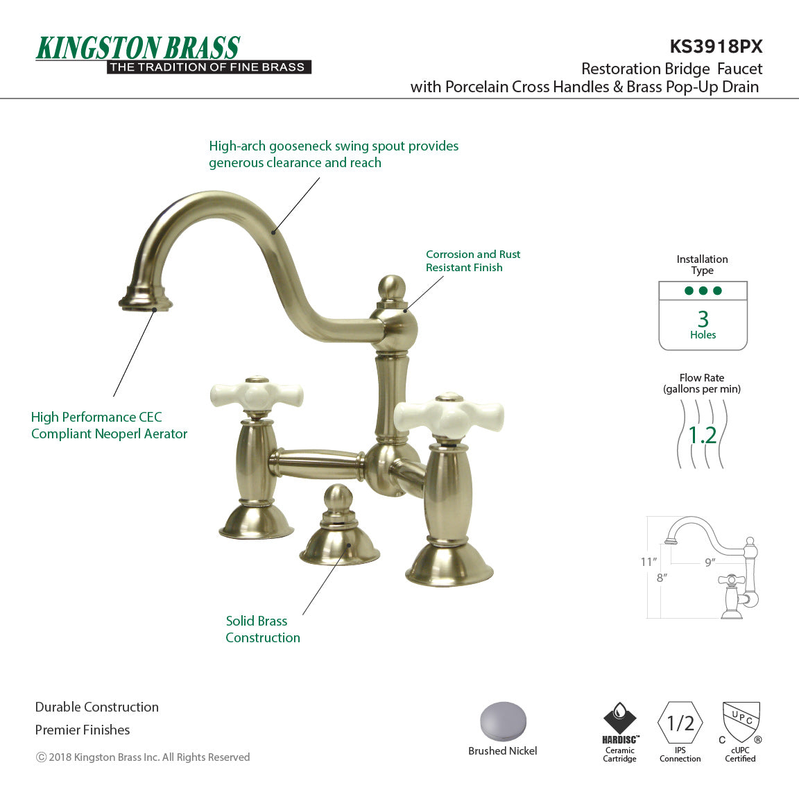 Restoration KS3918PX Two-Handle 3-Hole Deck Mount Bridge Bathroom Faucet with Brass Pop-Up, Brushed Nickel