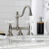Restoration KS3918PX Two-Handle 3-Hole Deck Mount Bridge Bathroom Faucet with Brass Pop-Up, Brushed Nickel