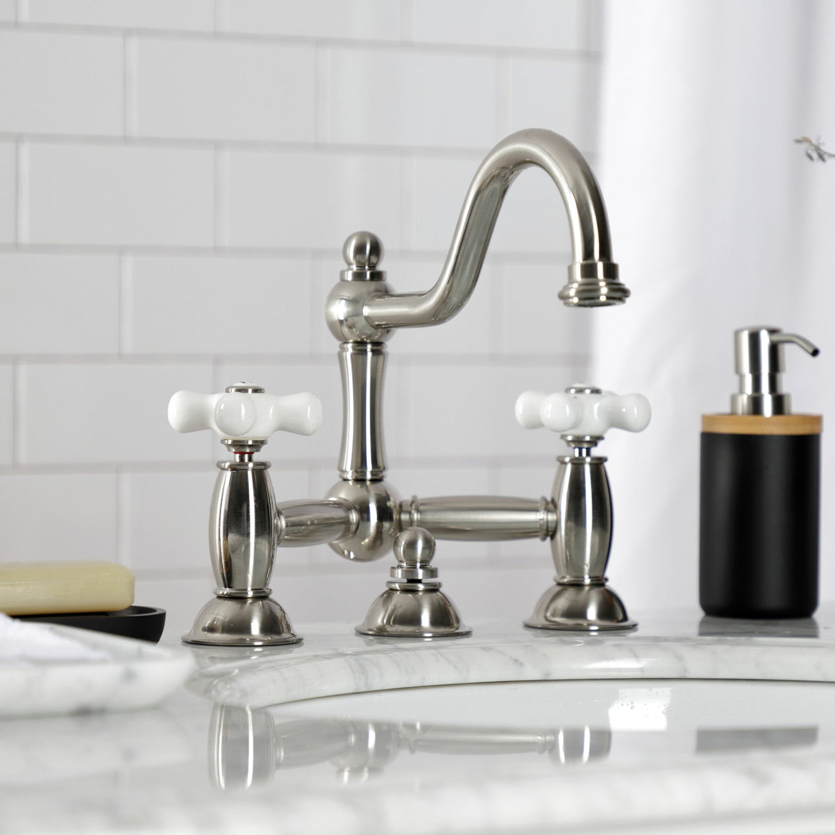 Restoration KS3918PX Two-Handle 3-Hole Deck Mount Bridge Bathroom Faucet with Brass Pop-Up, Brushed Nickel