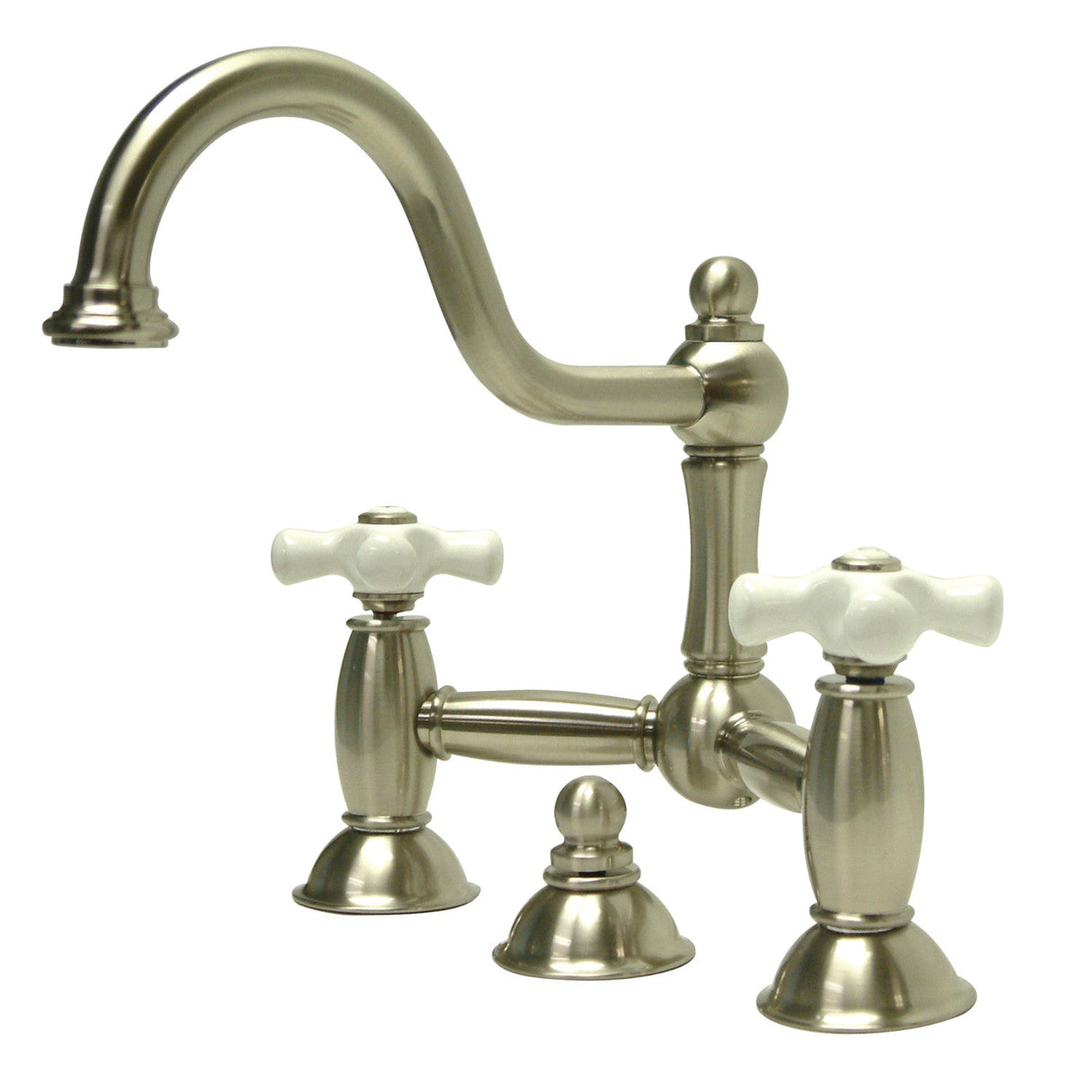 Restoration KS3918PX Two-Handle 3-Hole Deck Mount Bridge Bathroom Faucet with Brass Pop-Up, Brushed Nickel