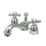 Restoration KS3951AX Two-Handle 3-Hole Deck Mount Mini-Widespread Bathroom Faucet with Brass Pop-Up, Polished Chrome