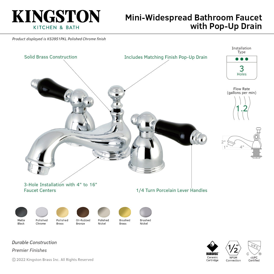 Duchess KS3951PKL Two-Handle 3-Hole Deck Mount Mini-Widespread Bathroom Faucet with Brass Pop-Up, Polished Chrome