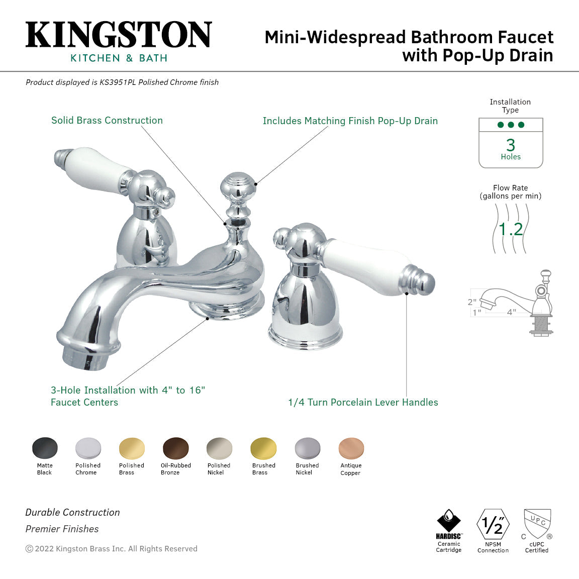 Restoration KS3951PL Two-Handle 3-Hole Deck Mount Mini-Widespread Bathroom Faucet with Brass Pop-Up, Polished Chrome