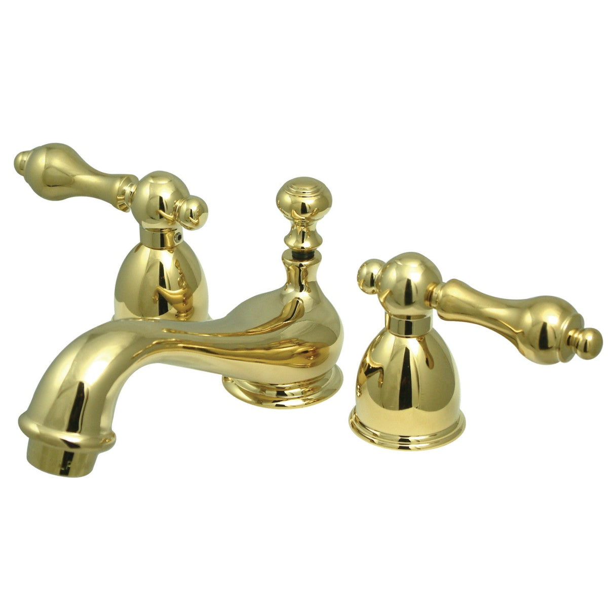 Restoration KS3952AL Two-Handle 3-Hole Deck Mount Mini-Widespread Bathroom Faucet with Brass Pop-Up, Polished Brass