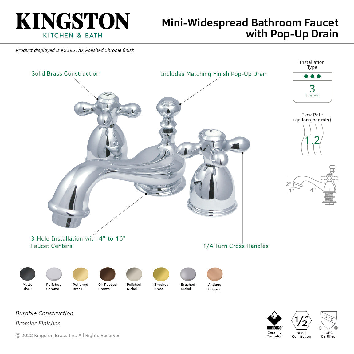 Restoration KS3952AX Two-Handle 3-Hole Deck Mount Mini-Widespread Bathroom Faucet with Brass Pop-Up, Polished Brass