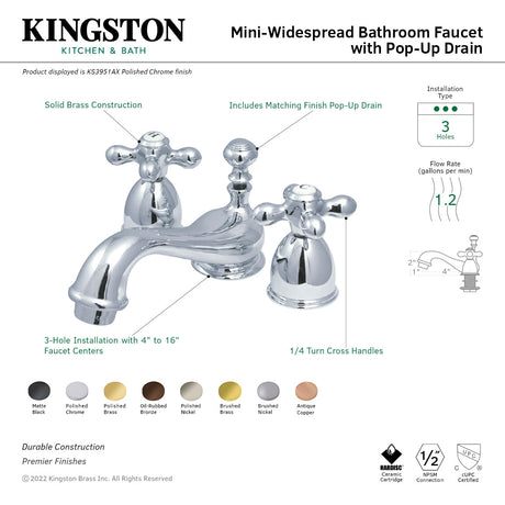 Restoration KS3952AX Two-Handle 3-Hole Deck Mount Mini-Widespread Bathroom Faucet with Brass Pop-Up, Polished Brass