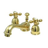 Restoration KS3952AX Two-Handle 3-Hole Deck Mount Mini-Widespread Bathroom Faucet with Brass Pop-Up, Polished Brass