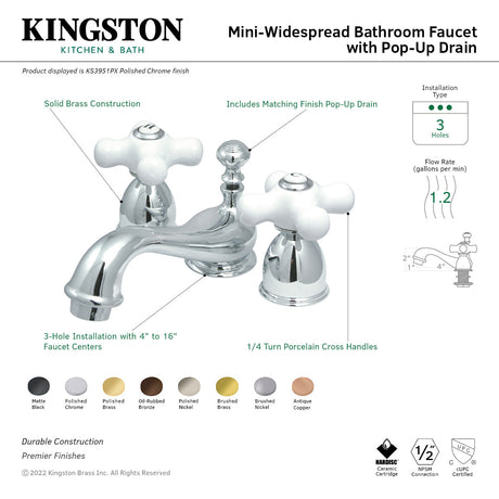 Restoration KS3952PX Two-Handle 3-Hole Deck Mount Mini-Widespread Bathroom Faucet with Brass Pop-Up, Polished Brass