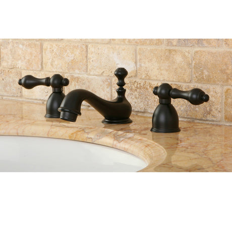 Restoration KS3955AL Two-Handle 3-Hole Deck Mount Mini-Widespread Bathroom Faucet with Brass Pop-Up, Oil Rubbed Bronze