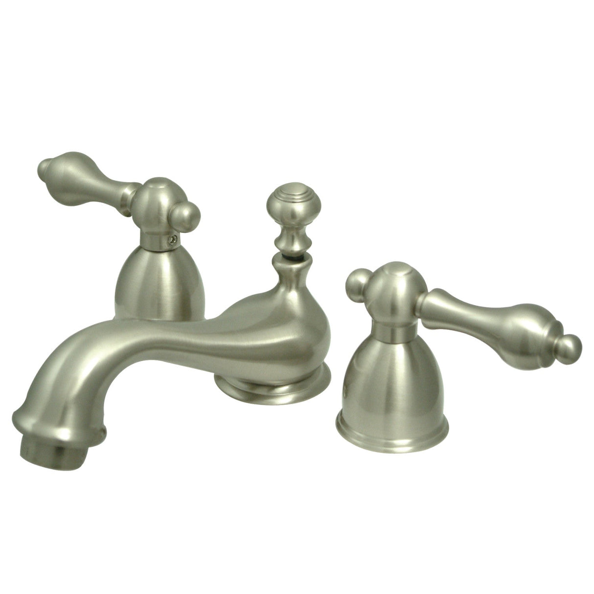 Restoration KS3958AL Two-Handle 3-Hole Deck Mount Mini-Widespread Bathroom Faucet with Brass Pop-Up, Brushed Nickel