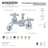 Restoration KS3958AX Two-Handle 3-Hole Deck Mount Mini-Widespread Bathroom Faucet with Brass Pop-Up, Brushed Nickel
